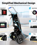 Heavy Duty Electric Stair Climbing Dolly Cart With 1300W Motor Lifts Up To 900 Lbs Smoothly showing buttons, LCD display, and motor.
