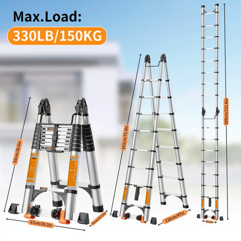 Heavy-Duty Telescoping A-Frame Ladder 12.5 Ft With Dual Locks, Triangular Stabilizers, And 330 Lb Capacity, Wobble-Free Anti-Slip Rungs, Reinforced Feet For Steady Home And Pro Jobs shown in A-frame and extended positions