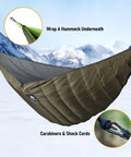 Full Length Hammock Underquilt For Cold Weather Camping And Backpacking Single And Double Size Insulated UQ Blanket in snowy mountains