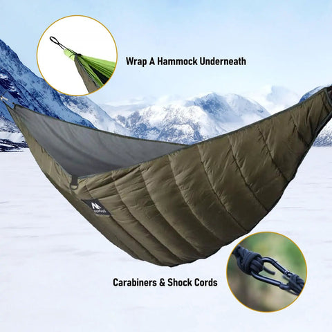 Full Length Hammock Underquilt For Cold Weather Camping And Backpacking Single And Double Size Insulated UQ Blanket in snowy mountains