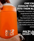 Person holding orange insulated can cooler with "Wyld Gear" logo, fits all can sizes, delivers ice-cold performance.