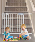Extra Wide Baby Gate For Stairs And Doorways With Auto Close No Drilling Pressure Mounted Metal Safety Gate With Door Fits Openings From 29.5 To 47.6 Inches Includes 3 Extensions For A Perfect Fit And Easy Walk Through installed on stairs with children playing nearby