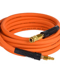 Three Eighths Inch By Twenty Five Foot Braided Air Hose For Air Compressors Flexible Heavy Duty Pneumatic Hose With Quick Connect Fittings Leak Free 300 PSI For Garage Shop Automotive Use, coiled orange hose