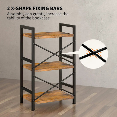 3 Tier Industrial Metal Bookcase With Rustic Brown Finish, Etagere Style Storage Shelf, featuring X-shaped back wire for stability