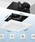 Heavy Duty 120 CFM Bathroom Exhaust Fan Ceiling Mounted 8X8 Inch showing dimensions, motor, and low-profile design.