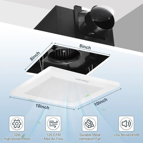 Heavy Duty 120 CFM Bathroom Exhaust Fan Ceiling Mounted 8X8 Inch showing dimensions, motor, and low-profile design.