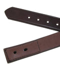 Close-up of Scratchproof 1.5 Inch Leather Work Belt For Men Made In America No Scratch Buckle Electric Safe Leather Belt brown leather ends