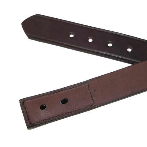 Close-up of Scratchproof 1.5 Inch Leather Work Belt For Men Made In America No Scratch Buckle Electric Safe Leather Belt brown leather ends