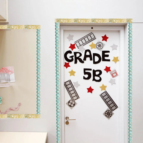 Travel The Map Bulletin Board Border With Globes For Classroom And Home Office Decor on a Grade 5B classroom door
