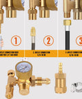 Brass Argon/CO2 welding gas regulator with pressure gauge, hose barb adapter, and outlet fittings.