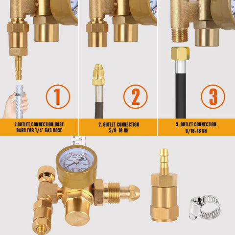Brass Argon/CO2 welding gas regulator with pressure gauge, hose barb adapter, and outlet fittings.