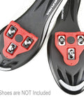 Look Delta Compatible Bike Cleats For Peloton And Indoor Cycling Shoes, 9 Degree Float, red cleats installed on black soles