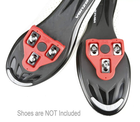 Look Delta Compatible Bike Cleats For Peloton And Indoor Cycling Shoes, 9 Degree Float, red cleats installed on black soles