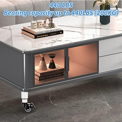 Set Of 4 Metal Adjustable Furniture Legs With Wheels Casters White Height 7.3-10.2 Inches Heavy Duty 440Lbs Capacity Includes 16 Screws Brakes For Tables Cabinets Sofas Beds under a marble-topped table.