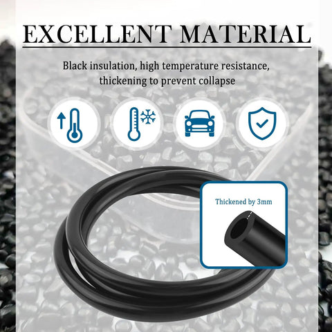 Image of a black silicone vacuum hose labeled with insulation, temperature resistance, and size specs from the Six Piece Silicone Vacuum Hose Kit With 4.9 Ft Of Flexible Vacuum Lines And Tube Cutter, Size Range 1/8 In To 3/8 In, Great For DIY Engine Work And Radiator Cooling, Multi Purpose Air And Water Transport Hoses Not For Coolant Or Oil kit.