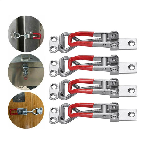 Heavy Duty Draw Latch Set Includes 10 Solid Steel Toggle Locks For Woodworking Cabinets, Garages And Sheds That Grit Your Gear With Easy Grip Handles Youll Love, showing three latches with red handles.