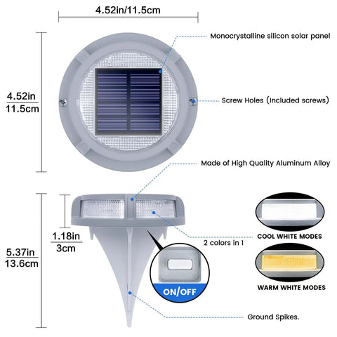 Diagram showing Solar Deck Lights Outdoor 16 LEDs Waterproof Pathway Lights with Two Modes Cool White or Warm White 4 Pack