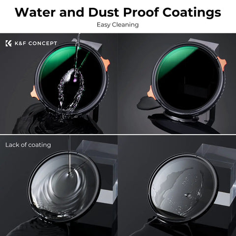 77mm ND4 to ND64 Variable ND and CPL 2 In 1 Lens Filter with water and dust proof coatings, demonstrating cleaning effect.
