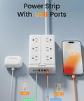 Massive Heavy Duty Surge Protector Power Strip With Twelve Roomy Outlets And Six Fast Charge USB Ports Featuring An Insanely Slim Flat Plug Cable.
