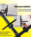 Cabinet Hardware Jig With Center Drill Guide for drawer handles, aluminum body, laser engraved rulers, reversible use.