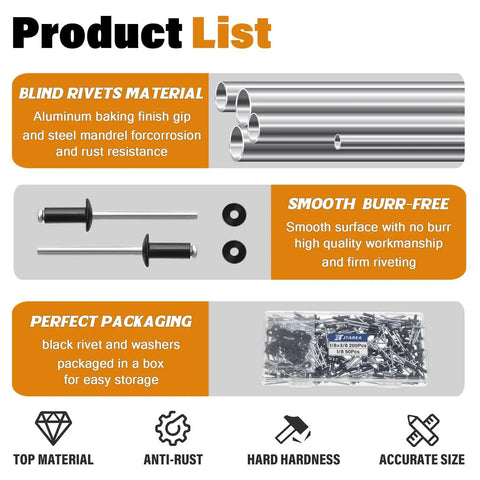 Black Aluminum Pop Rivets With Stainless Steel Washers One Eighth Inch By Three Eighths Inch 250 Piece Blind Rivet Kit layout