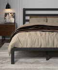 Rock Solid Queen Size Metal Bed Frame With Integrated Headboard And Reinforced Steel Slats, viewed from the side in a serene bedroom setting.
