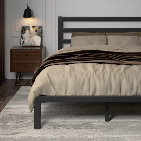 Rock Solid Queen Size Metal Bed Frame With Integrated Headboard And Reinforced Steel Slats, viewed from the side in a serene bedroom setting.