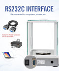 Analytical Balance 500g Capacity 0.001g Accuracy Lab Scale with Windshield RS232 Interface showing connection options