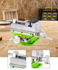 Heavy Duty Cross Slide Drill Press Vise For Benchtop Mini Milling Machine with metal jaws, manual wheel, and bright green base.