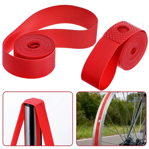 Two Pack 29 Inch Rim Tape For Road And Mountain Bikes, 13mm Wide, 0.5mm Thick, PVC Rim Strip Tape, Red Color, coiled on a table.