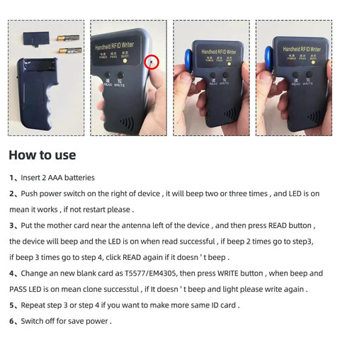 Handheld 125KHz RFID Reader Writer Copy Tool Grab And Go For DIY ID And HID Cards Includes 5 T5577 Key Fobs And 5 T5577 Cards Compact Pro Reader For Cloning 125KHz Tags Easy To Use For Proximity Access Projects shown with usage instructions