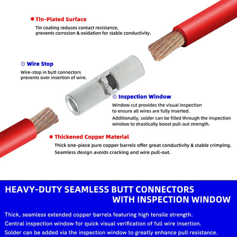 Get This Heavy Duty Underground Wire Splice Kit For Submersible Pumps Featuring Clear Dual Wall Heat Shrink And Black Outer Sleeve To Seal 16-14 Awg Four Conductor Cords Waterproof And Repair Electrical Connections With Ease. heavy-duty butt connector with inspection window and tinned copper barrel for 16-14 AWG wires