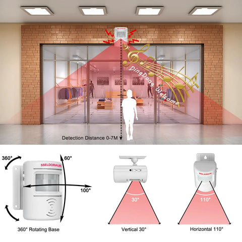 PIR Motion Sensor Door Bell With 90 Db Alert And Flashing Red Light, 2 To 6 Meter Detection Range, all-in-one wall-mounted motion alarm for shop entrance