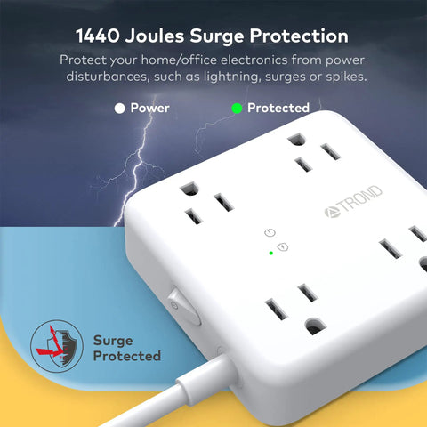 15ft Flat Plug Power Strip With 4 Widely Spaced Outlets And 4 USB Ports Including USB C for home bedside surge protection