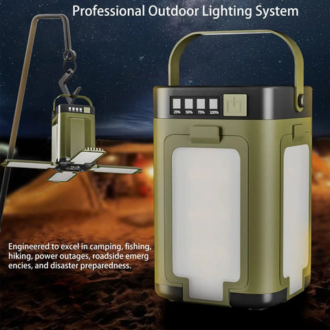 Portable IPX4 Waterproof Camping Lantern With 2000mAh Solar Charging, 6 LED Modes, featuring a foldable panel design.