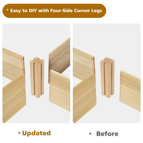 Updated and before comparison of U Shaped Raised Garden Bed With Five Planter Boxes Made From Solid Fir Wood assembly pieces.