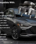 Front And Rear Wheel Bearing Hubs With ABS 5 Lug Replacement Kit For 2017 To 2023 Elantra Elantra GT Ioniq Kona Veloster Veloster N Niro Seltos displayed next to compatible car models