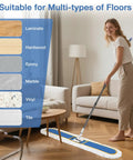Woman using 48 Inch Commercial Dust Mop Featuring Oversized Head Heavy Duty Floor Sweeper on laminate flooring.