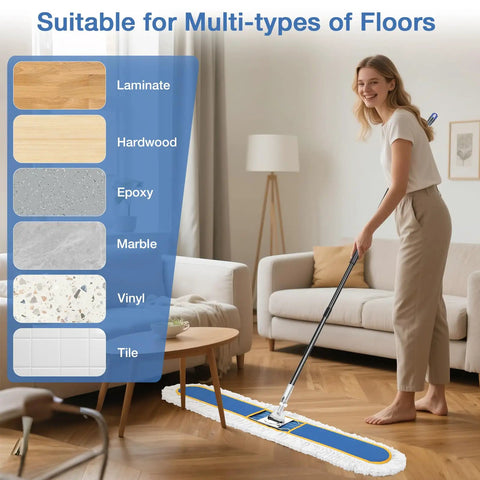 Woman using 48 Inch Commercial Dust Mop Featuring Oversized Head Heavy Duty Floor Sweeper on laminate flooring.