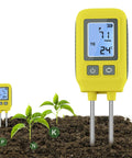 4 In 1 NPK Soil Tester With Temperature Readings for Indoor and Outdoor Gardening in soil near small plants with digital display