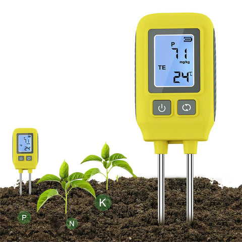 4 In 1 NPK Soil Tester With Temperature Readings for Indoor and Outdoor Gardening in soil near small plants with digital display