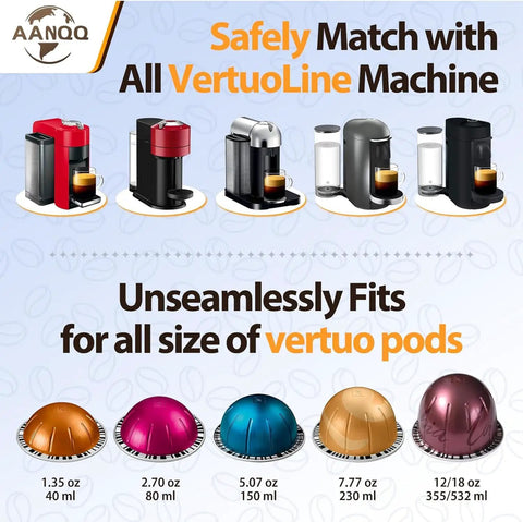 Various Nespresso VertuoLine machines with colorful Vertuo pods compatible with Reusable Silicone Lids For Nespresso Vertuo Pods 3 Pack.