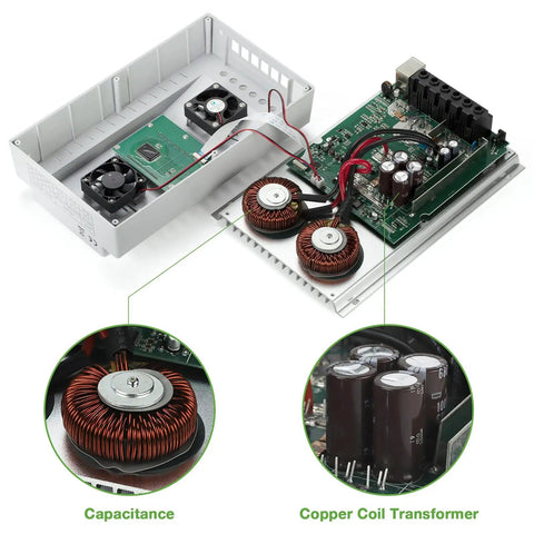 Internal view of 80A MPPT Solar Charge Controller For 12V And 24V Auto Blacklight LCD Display showing copper coil transformer and capacitors.