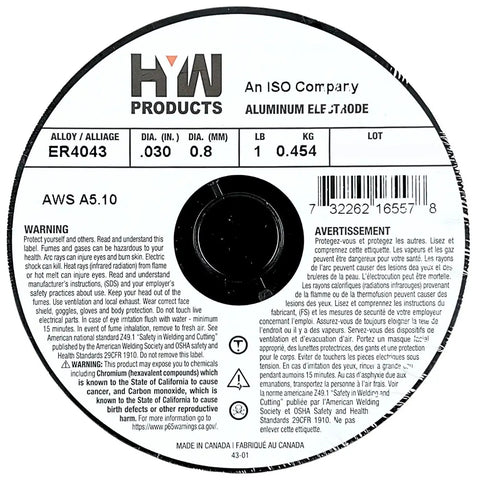 MIG Aluminum Welding Wire.030 Inch Diameter 1 Pound Roll ER4043 Alloy Made In North America 2 Pack label detailing specifications.
