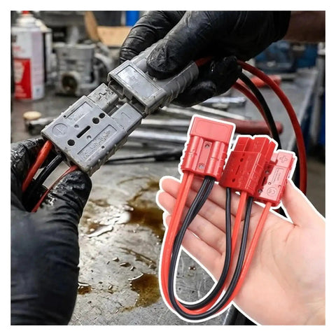 Heavy Duty 50A 12AWG Double Y Adapter Conector Plug With Color Coded Red And Black Housing And Wire Stop For Easy Crimp Assembly No Soldering Required On Forklift And DIY Battery Projects