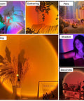 Projection Lamp With App Remote 360 Degree Rotation 16 Color RGB LED Lights Sunset Vibe Mood Lighting For Photography Selfies Parties Bedroom Decor Gift For Women, illuminating various room setups with warm and colorful lighting effects.