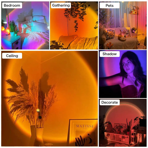 Projection Lamp With App Remote 360 Degree Rotation 16 Color RGB LED Lights Sunset Vibe Mood Lighting For Photography Selfies Parties Bedroom Decor Gift For Women, illuminating various room setups with warm and colorful lighting effects.