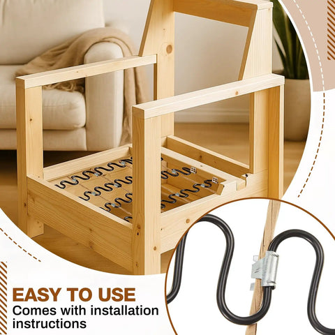 Heavy Duty Upholstery Stay Wire And Spring Repair Kit With 60 Feet Paper Wrapped Cord Plus 120 Solid Clips To Quick Fix Sagging Couches No Sweat, featuring metal springs and wooden chair frame.