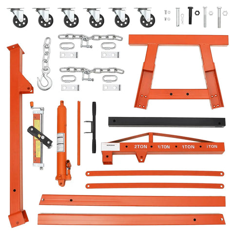 Heavy Duty Folding Engine Hoist 4000 Lbs Hydraulic Cherry Picker parts including casters, chains, and hydraulic components.