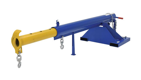 Straight Up Heavy Duty Telescoping Lift Boom Converts Fork Trucks To Overhead Cranes With 6000 Lb Capacity Rock Solid Industrial Workhorse For Easy No Sweat Lifting Operations Blue Finish, side view with yellow end.